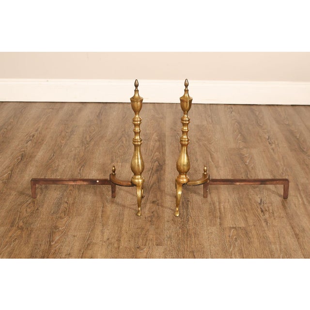 Traditional Puritan Federal Style Pair of Brass Andirons For Sale - Image 3 of 18