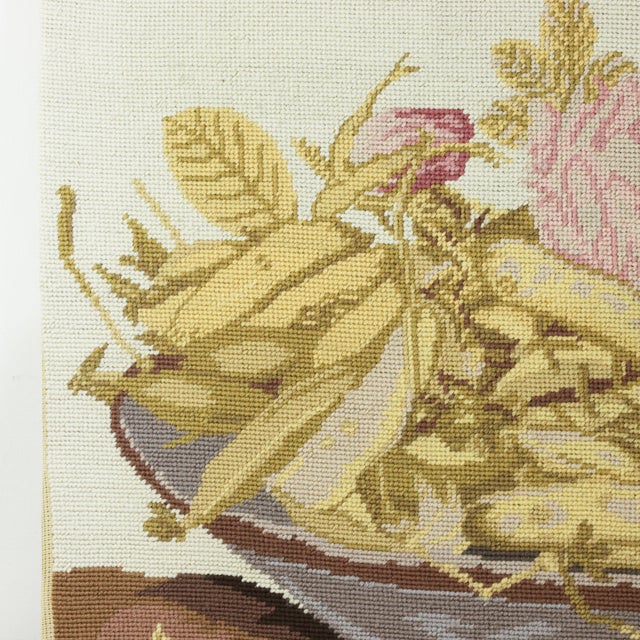 Rustic Vintage Botanical Needlepoint Textile Art – Still Life Bowl of Pease and Pink Rose Blossom For Sale - Image 3 of 8