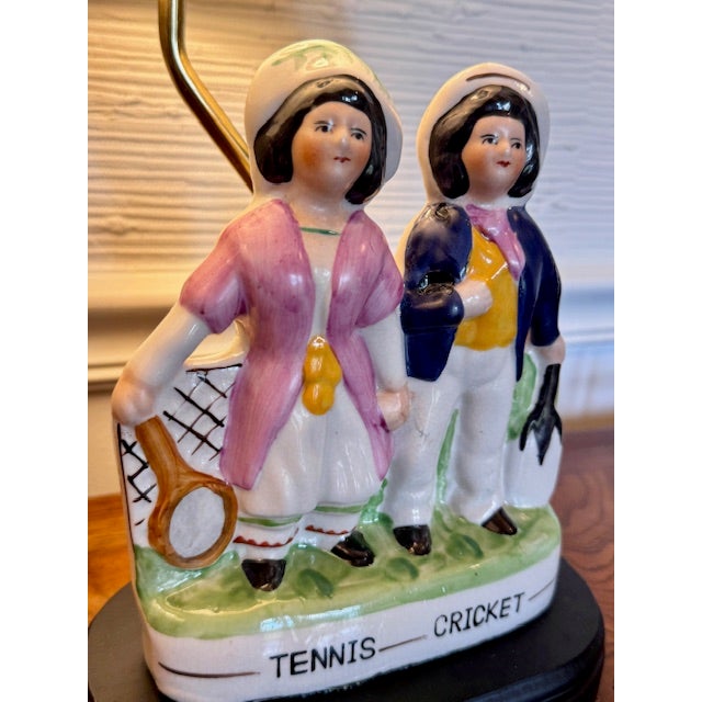 Victorian Antique Staffordshire Flatback "Tennis and Cricket" Table Lamp For Sale - Image 3 of 5