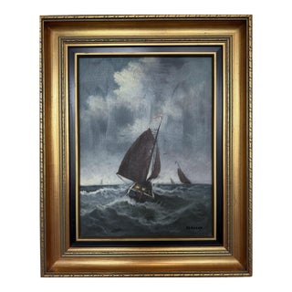 Vintage Signed Oil Painting Stormy Sea Fishing Boats Maritime Seascape Framed For Sale