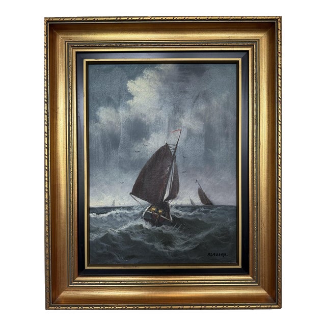Vintage Signed Oil Painting Stormy Sea Fishing Boats Maritime Seascape Framed For Sale