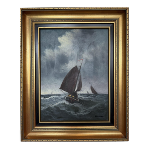 Vintage Signed Oil Painting Stormy Sea Fishing Boats Maritime Seascape Framed