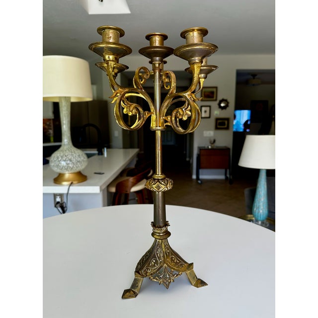 Single Antique Gothic Revival Brass 6 Light Candelabra For Sale - Image 4 of 18
