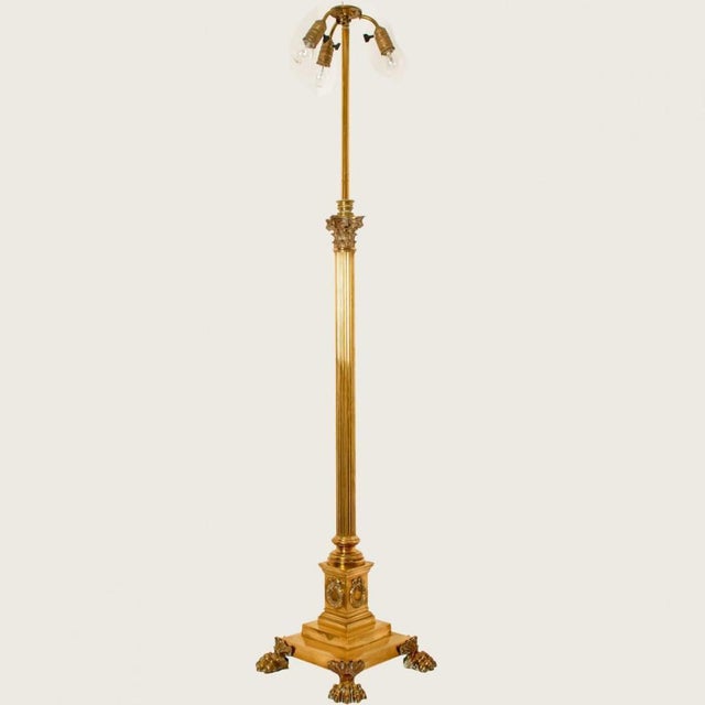 Late 19th Century Antique Corinthian Column Brass Floor Lamp with Fringed Lampshade, England, 1890 For Sale - Image 5 of 14
