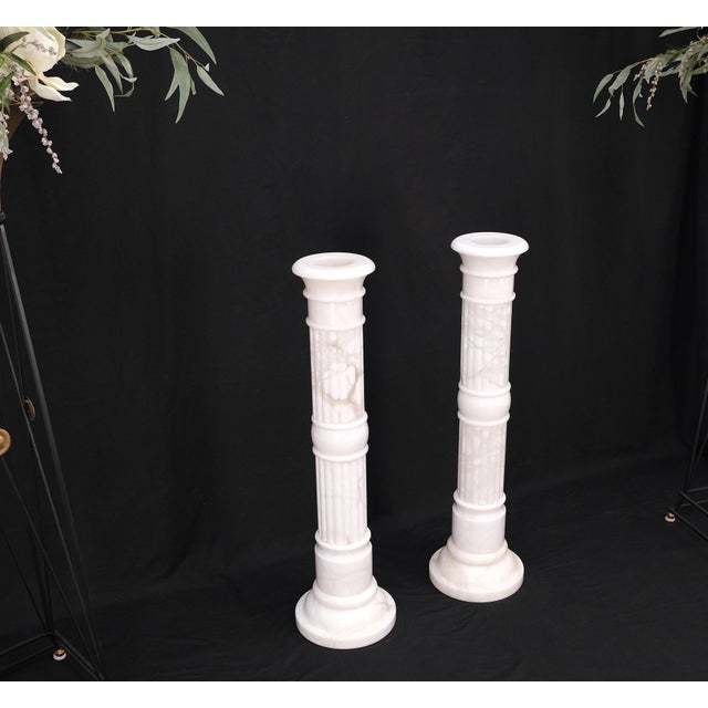 Mid 20th Century Pair of Italian White Turned Marble Pedestals Columns Stands Mint For Sale - Image 5 of 11