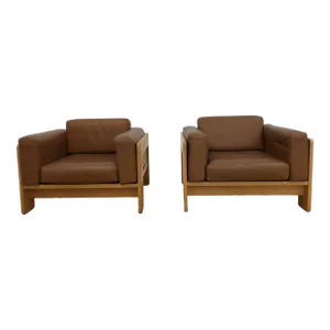 Mid 20th Century Pair of Vintage Mid-Century Modern Bastiano Armchairs Attributed to Tobia Scarpa for Knoll Blonde Oak Wood / Brown Leather