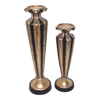 Late 20th Century Candlesticks Holders 2pc Set Black Gold Pillar Candle Stands 19" For Sale