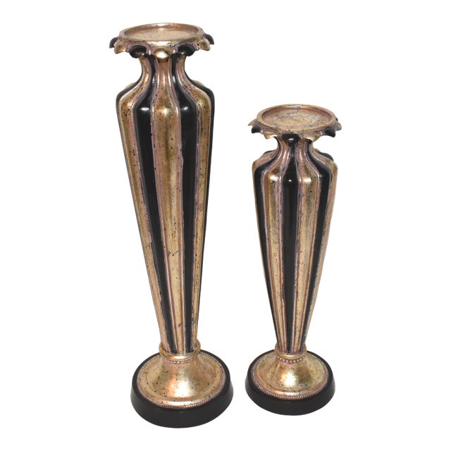 Late 20th Century Candlesticks Holders 2pc Set Black Gold Pillar Candle Stands 19" For Sale