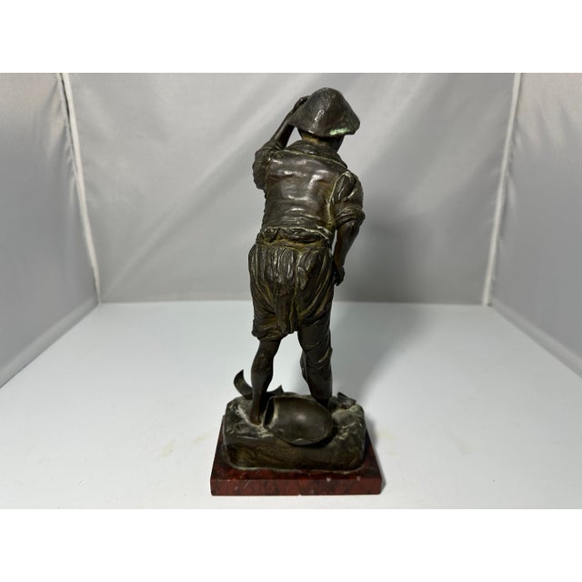Metal Bronzed Spelter Boy Figurine on Marble Base - Continental Antique For Sale - Image 7 of 10