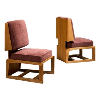 Cubist Slipper Lounge Chairs in Oak, France, Set of 2 For Sale