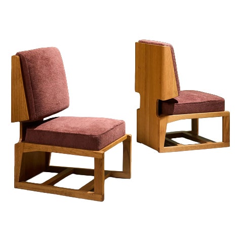 Cubist Slipper Lounge Chairs in Oak, France, Set of 2 For Sale