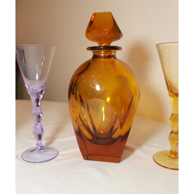 Moser Glassworks Vintage Cut Crystal Signed Moser Czechoslovakian 5 Pc Colored Glass Decanter Set For Sale - Image 4 of 12