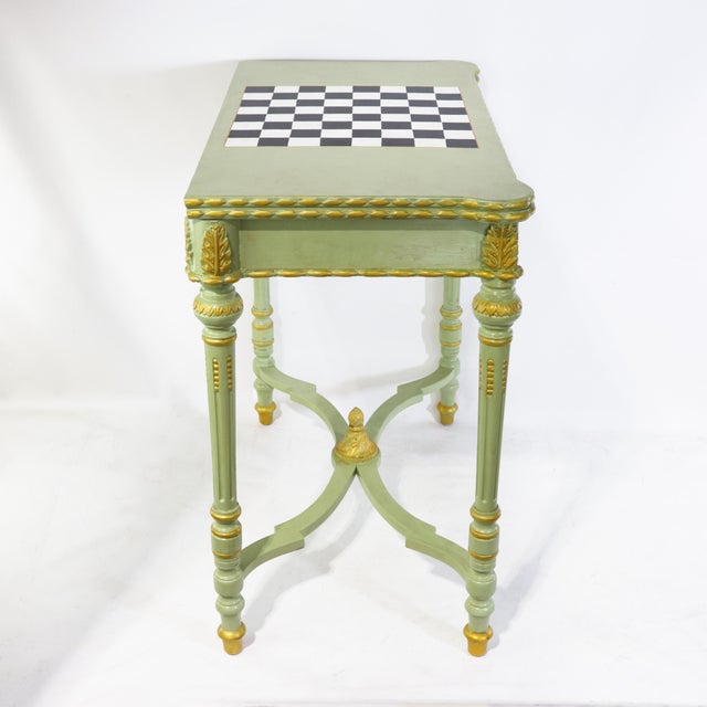 Early 21st Century Vintage Neoclassical Sage Green and Gilt Accent Game Table With Reversible Chess/Backgammon Top For Sale - Image 5 of 18