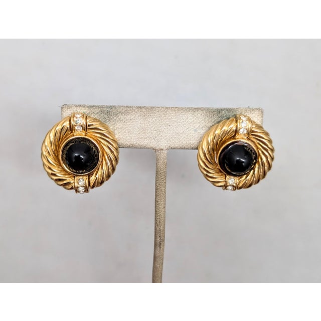 1980s Vintage 1980s Signed Givenchy Goldtone Faux-Onyx Cabochon Pierced Earrings-2 Pieces For Sale - Image 5 of 7