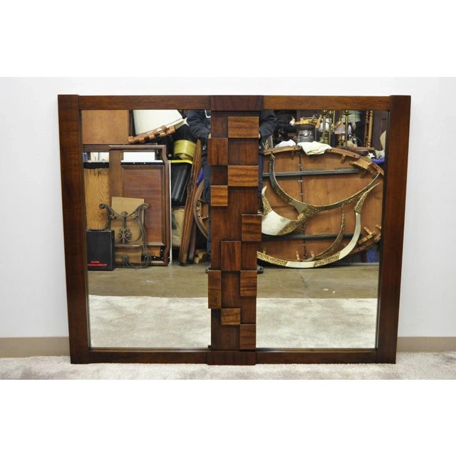 20thC Lane Mid Century Modern Brutalist Cubist Block Rectangular Wood Frame 52" Mirror For Sale - Image 12 of 12