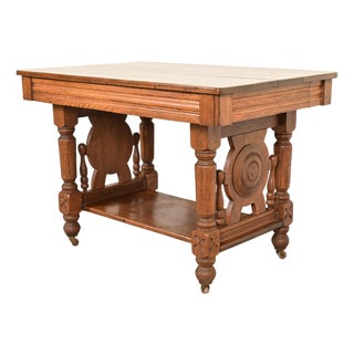 Herter Brothers Style Antique Victorian Carved Oak Writing Desk or Library Table, Circa 1890s For Sale