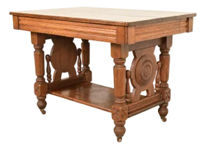 Herter Brothers Style Antique Victorian Carved Oak Writing Desk or Library Table, Circa 1890s
