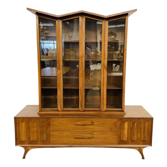 Duiske, Irish Mid Century Modern, Stained Wood, Glass, Breakfront, 1950s For Sale