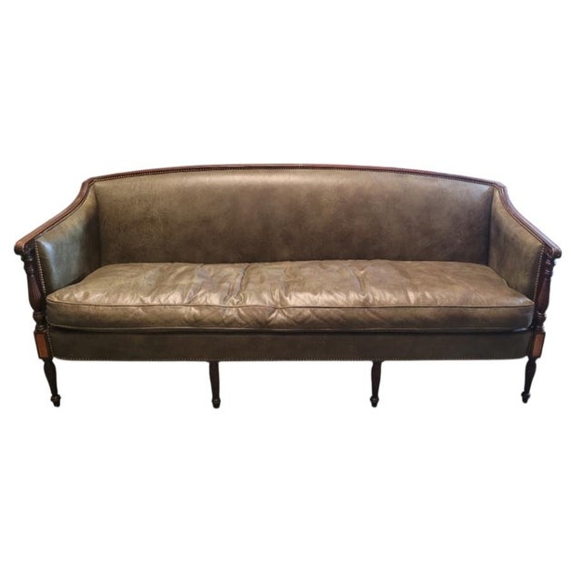 1980s Beautiful Hickory Chair Moss Green Leather Sofa For Sale - Image 11 of 11