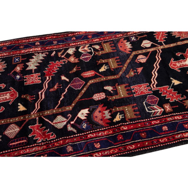 1960s Vintage Malayer Handmade Pictorial Navy Blue Wool Rug For Sale In New York - Image 6 of 7