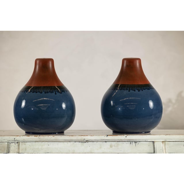 Blue Pair of Artisan Ceramic Vases in Midnight Blue, Pre-Drilled for Lamp Conversion For Sale - Image 8 of 12
