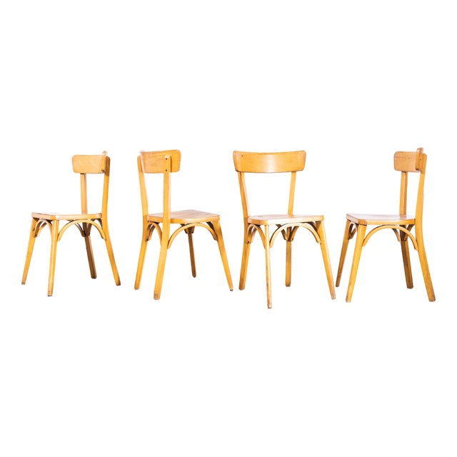French Blonde Beech & Bentwood Dining Chairs attributed to Baumann, 1950s, Set of 4 For Sale