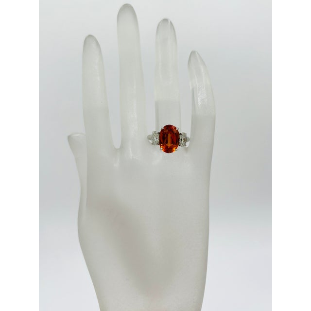 Modern 7.8 Carat Oval Mandarin Garnet & White Oval Diamond Ring in Platinum, Size 6.5 For Sale - Image 3 of 8