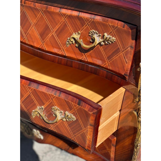 Vintage French Louis Inlaid and Gilt Bombe Commode For Sale - Image 9 of 11