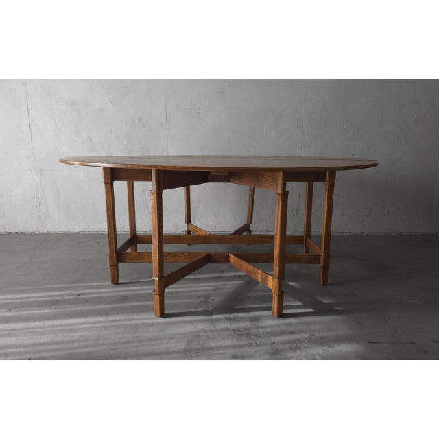 1980s 6ft Round Parquet Oak Drop Leaf Dining Table For Sale In Las Vegas - Image 6 of 11
