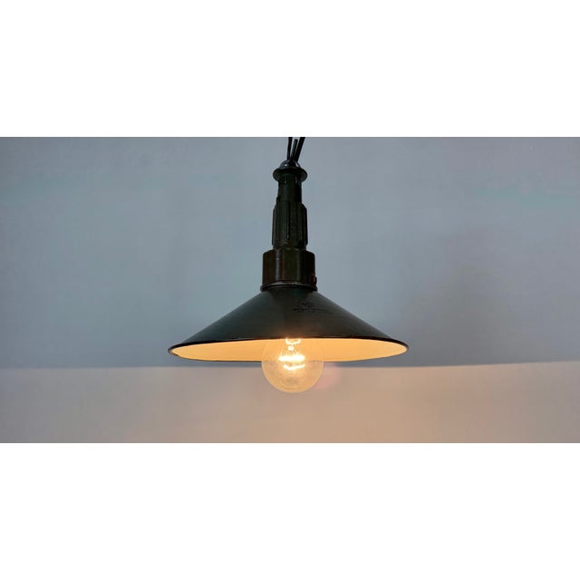 Industrial Green Enamel Military Pendant Lamp with Cast Aluminium Top, 1960s For Sale - Image 10 of 18