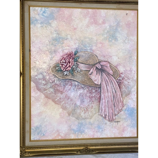 1980s Vintage Floral Hat Wall Art Signed Cooper Textured Mixed Media Framed Artwork For Sale - Image 5 of 11