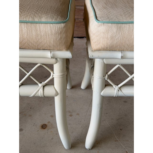 Off-white Vintage Coastal Rattan Ottomans or Footstools With Lattice Detail – Pair For Sale - Image 8 of 12