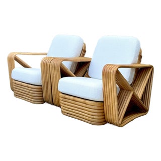 Vintage Six Strand Bent Rattan Lounge Chairs After Paul Frankl - A Pair For Sale