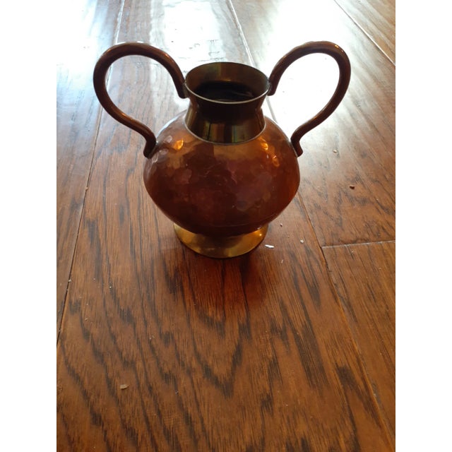 Art Deco 1970s Hammered Brass & Copper Dual Handle Bud Vase For Sale - Image 3 of 4