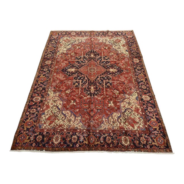 Heriz Rug 9'9'' X 12'10'' Red Wool Vintage Traditional Hand-Knotted Carpet For Sale