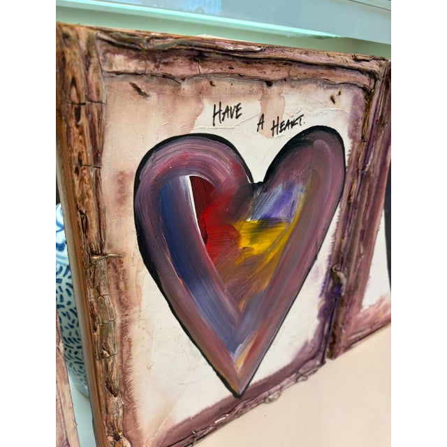 Late 20th Century Vintage Abstract Contemporary Folk Art Mixed Media Heart Signed Paintings – Collection of Three For Sale - Image 5 of 13