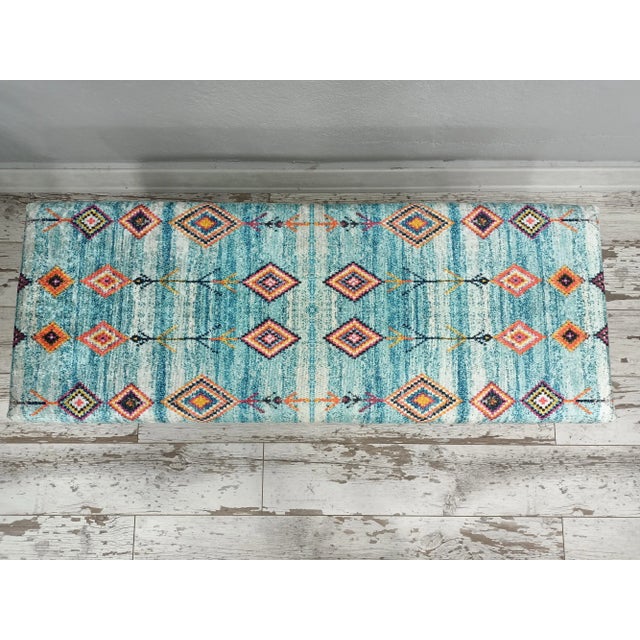 Baby Blue Contemporary Boho Rug Print Fabric Upholstered + Handmade Bench For Sale - Image 8 of 11