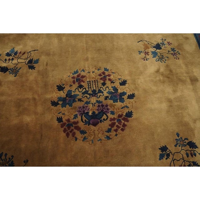 1920s Camel Floral Modern Antique Chinese Art Deco Knotted Wool Rug 9' X 11'8" For Sale - Image 4 of 9