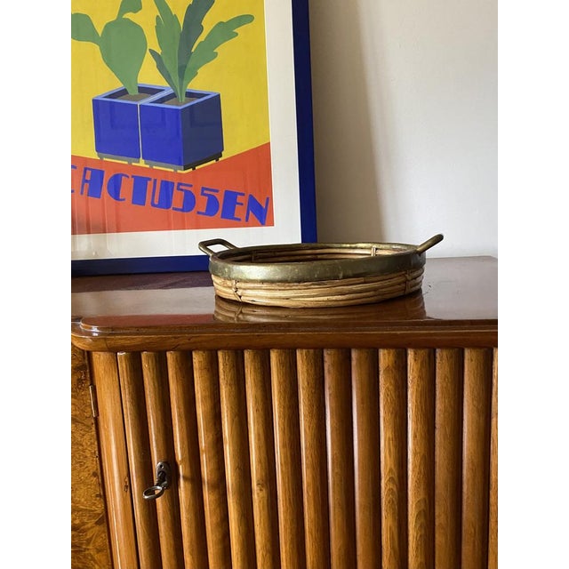 Wood Hollywood Regency Brass and Wicker Bowl, Italy, 1970s For Sale - Image 7 of 18