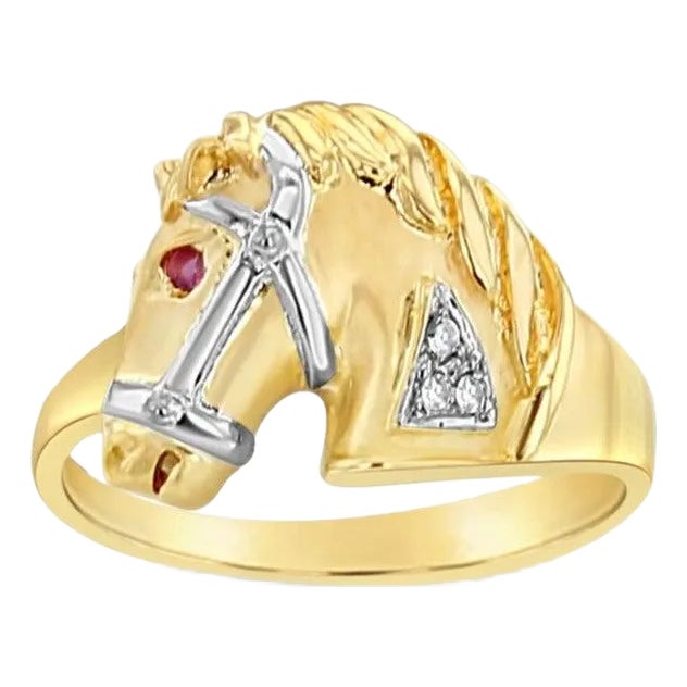 Ruby & Diamond Accented Horsehead Matte Ring 14k Yellow Gold, Size 5 For Sale