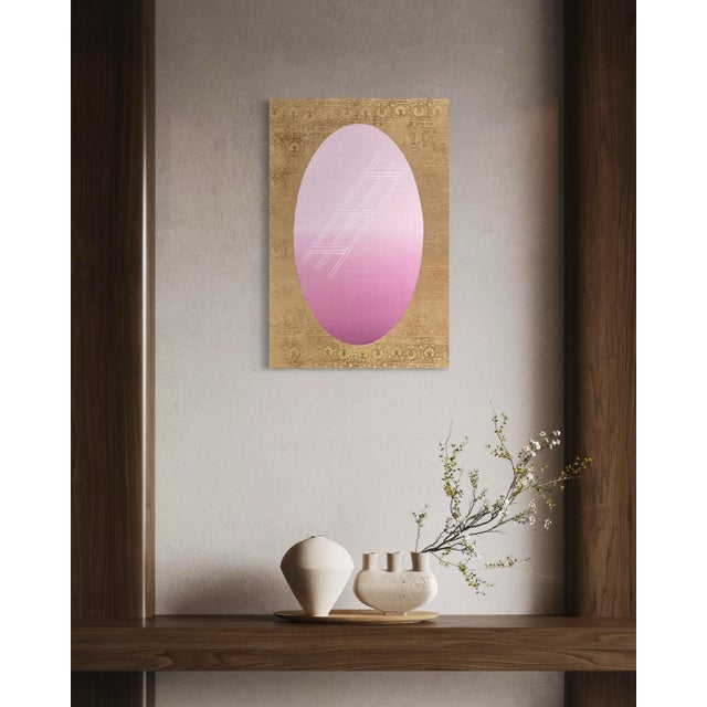 A pale lavender oval sits at the center of this canvas, its surface etched with a fine geometric grid that reads almost...