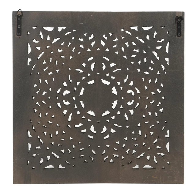 Farmhouse Black Carved Wood Wall Panel | 24 Inch Indian Jali Wall Decor | Large Mandala Hanging Panel | Modern Farmhouse Square Art | Unique Home Gift For Sale - Image 3 of 5