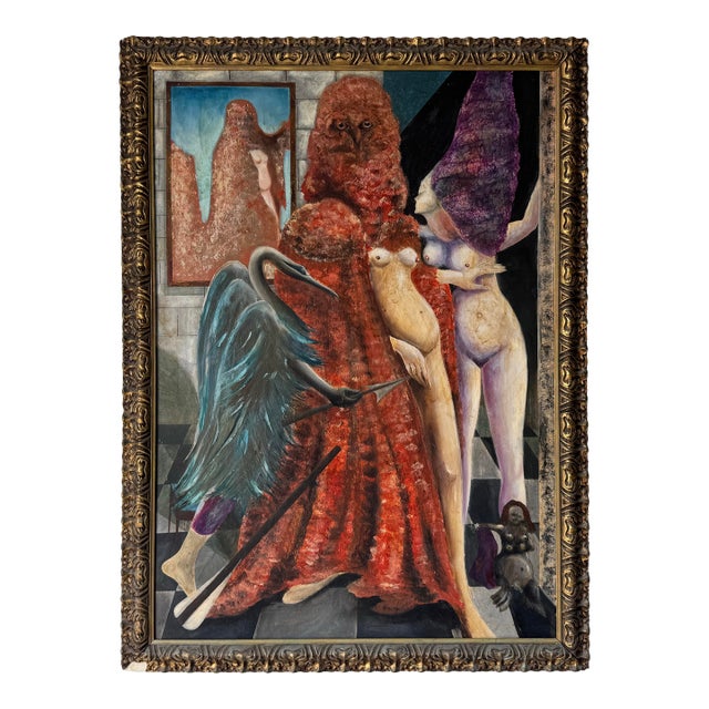 1970’s Max Ernst “The Robing of the Bride” Reproduction Oil Painting on Masonite, Unsigned For Sale