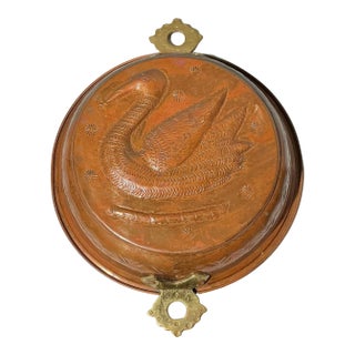 Antique Copper Swan Mold With Brass Handles – French Country Kitchen Wall Decor, 10” For Sale
