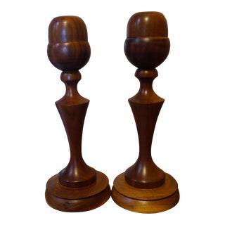 Turned Wood Candlestick Holders with Acorn Tops- Set of 2 For Sale