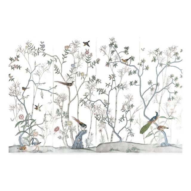 Chinoiserie Hand‑Painted Wall Panels, Set of 4, Peacock Bird & Blossom Bamboo Mural For Sale