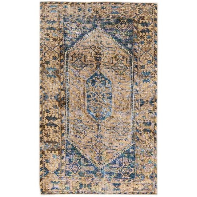Textile 1960s Vintage Persian Distressed Handmade Geometric Tan Wool Rug For Sale - Image 7 of 7