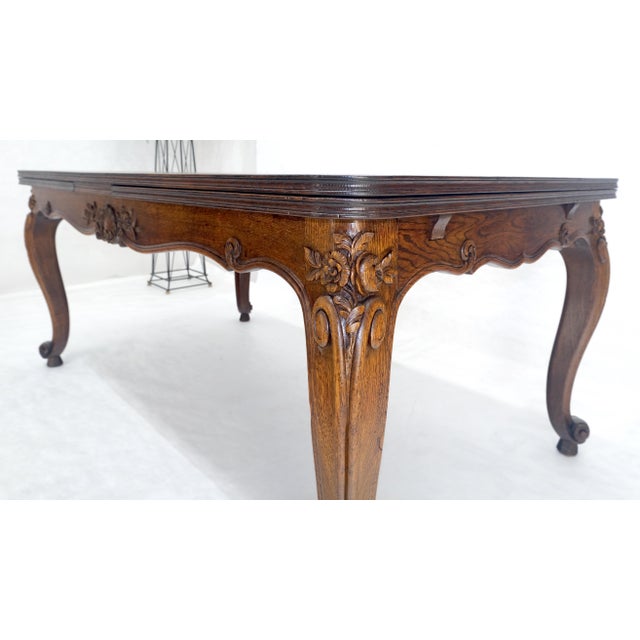 Mid 20th Century Carved Oak Country French Refractory Parquetry Dining Table Table 2x29" Leaves For Sale - Image 5 of 14