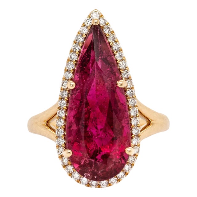 7.75cts Rubellite Tourmaline and Accented Diamond Ring in 14k Solid Yellow Gold For Sale