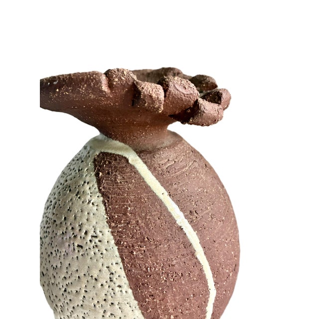 Brutalist Vintage 1970s Signed Brutalist Art Studio Pottery Vase / Mid Century Stoneware Baluster Trumpet Drip Glaze Vase For Sale - Image 3 of 11